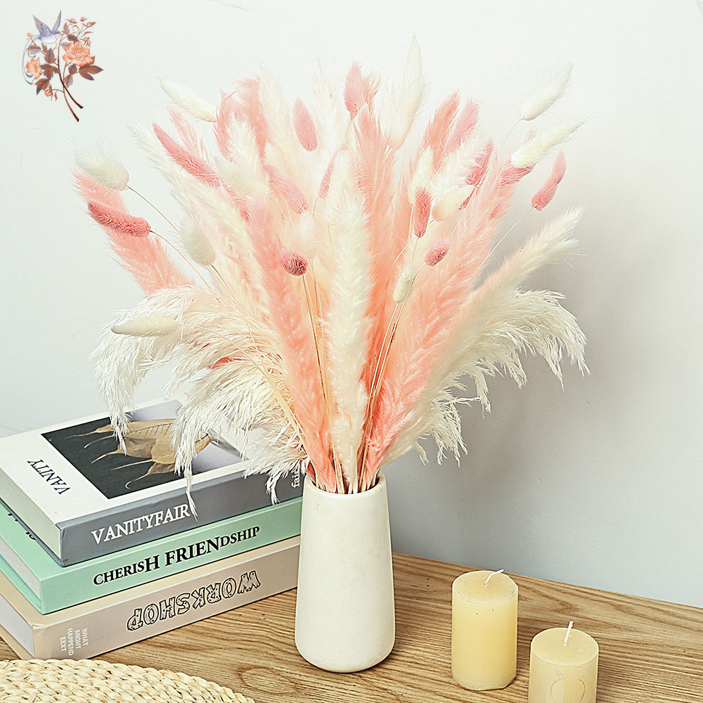 Dried Pampas Bundle - 62 Sztuki Białe Trawy Różowe Królicze